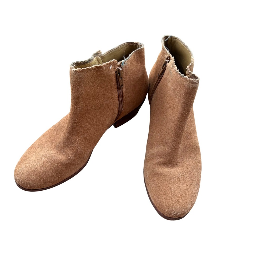 Jack Rogers Women Tan Suede Scalloped Ankle Boots Stacked Heel Size 6.5